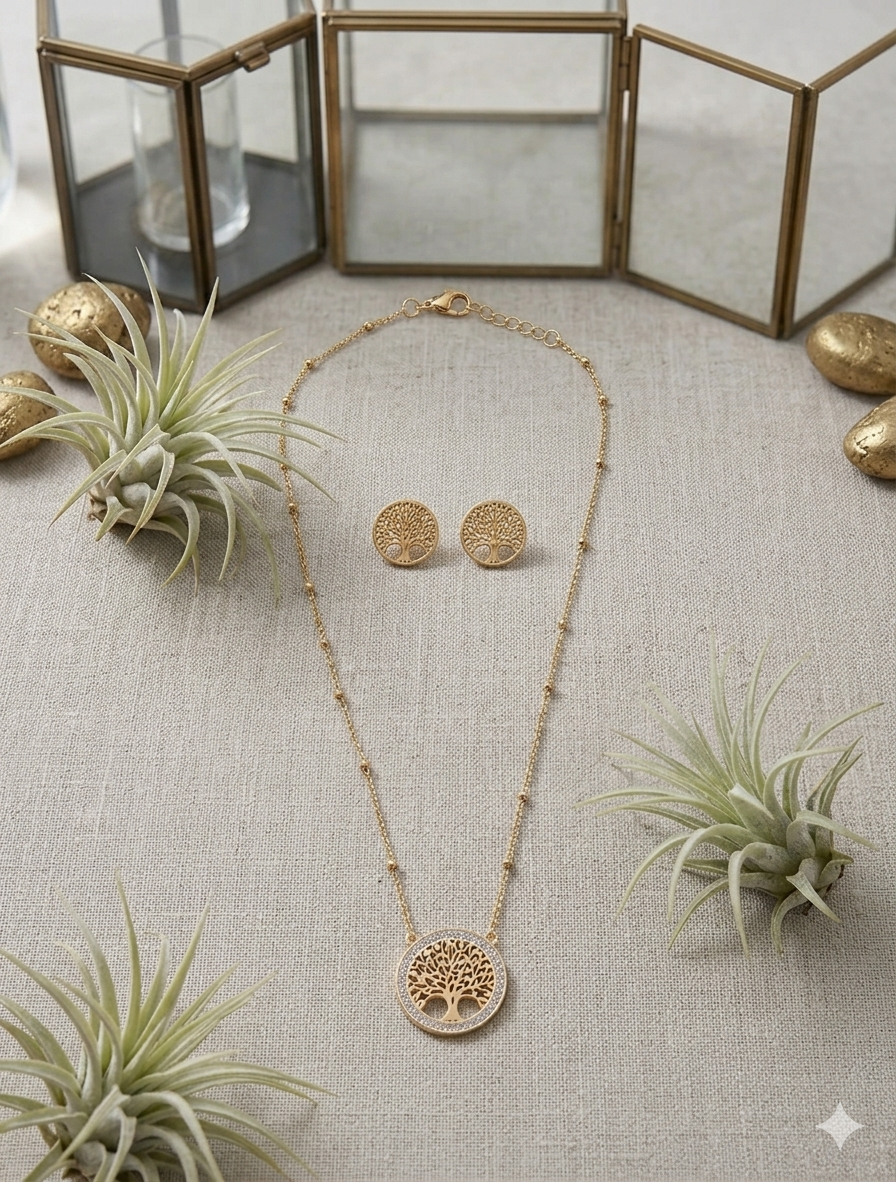 🌳 Elegantes Schmuckset „Tree of Life“ – Halskette & Ohrstecker mit Strass-Verzierung  (Für Frauen)