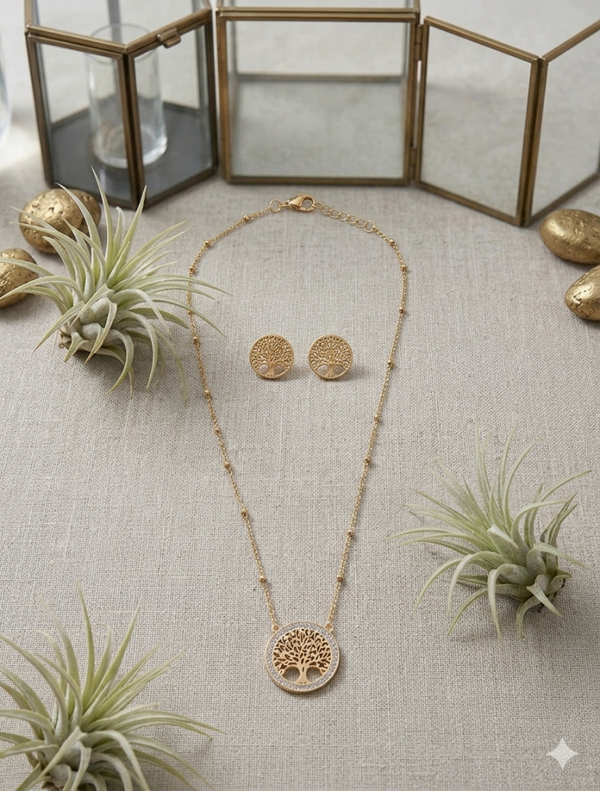 🌳 Elegantes Schmuckset „Tree of Life“ – Halskette & Ohrstecker mit Strass-Verzierung  (Für Frauen)