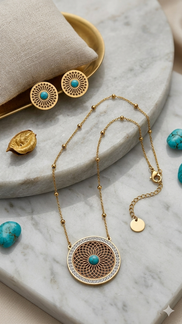 Exotisches Schmuckset „Desert Mandala“ – Halskette & Ohrstecker mit Türkis-Akzenten  (Für Frauen)