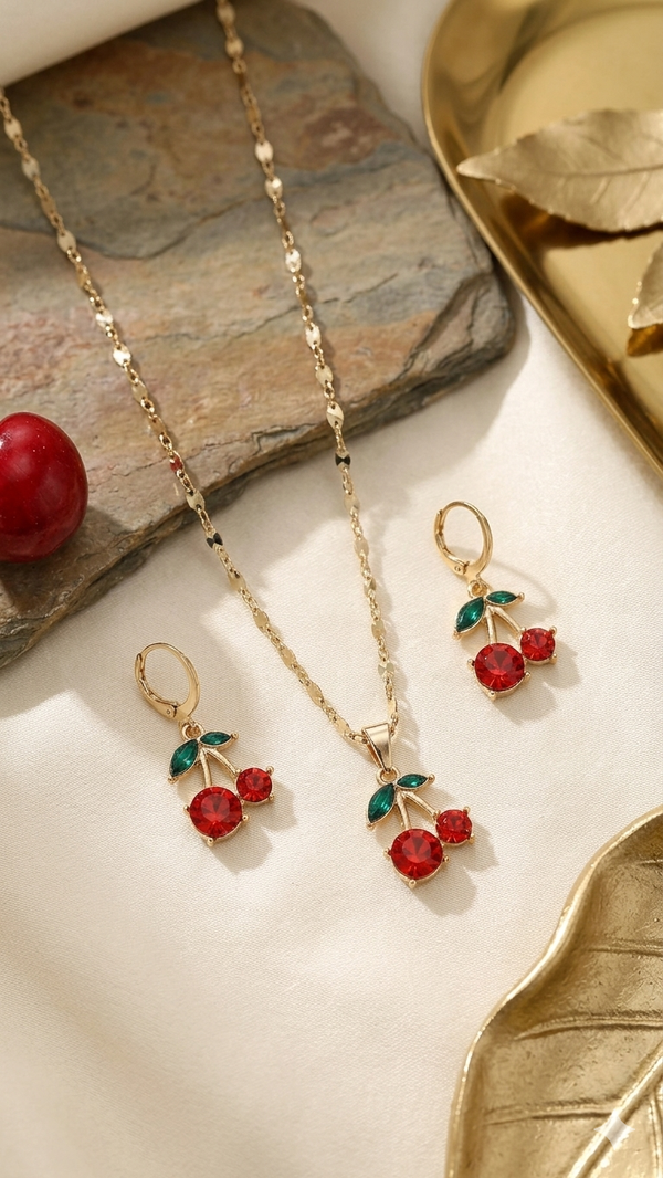 🍒 Süßes Schmuckset „Sweet Cherry“ – Halskette & Creolen mit roten Kristall-Kirschen  (Für Frauen)