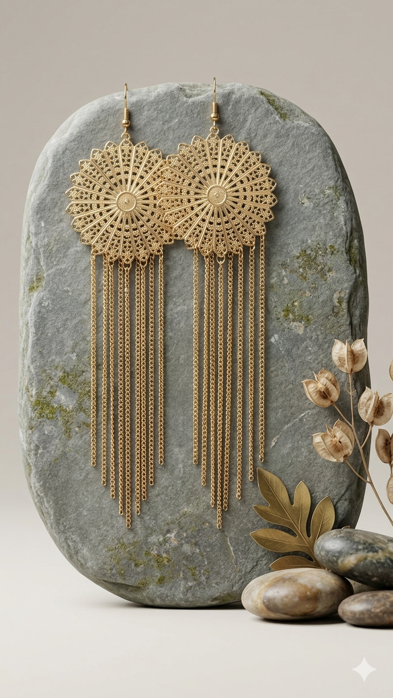 Extralange Mandala-Statement-Ohrringe mit Kettenfransen in Gold-Optik – Stylischer Modeschmuck (14 cm)  (Für Frauen)
