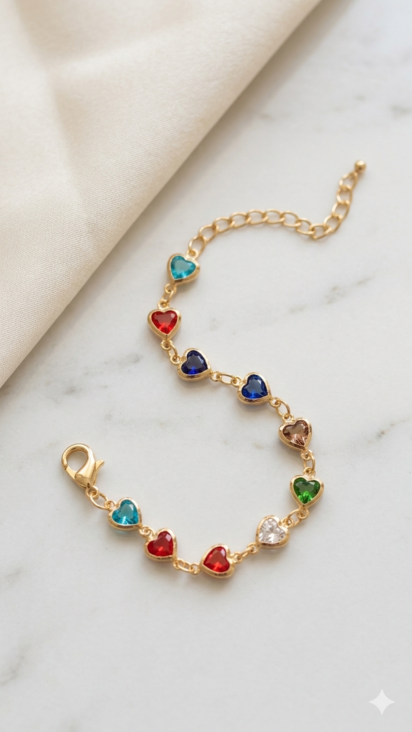 🌈 Farbenfrohe Fußkette „Rainbow Hearts“ mit bunten Kristall-Herzen  (Für Frauen)