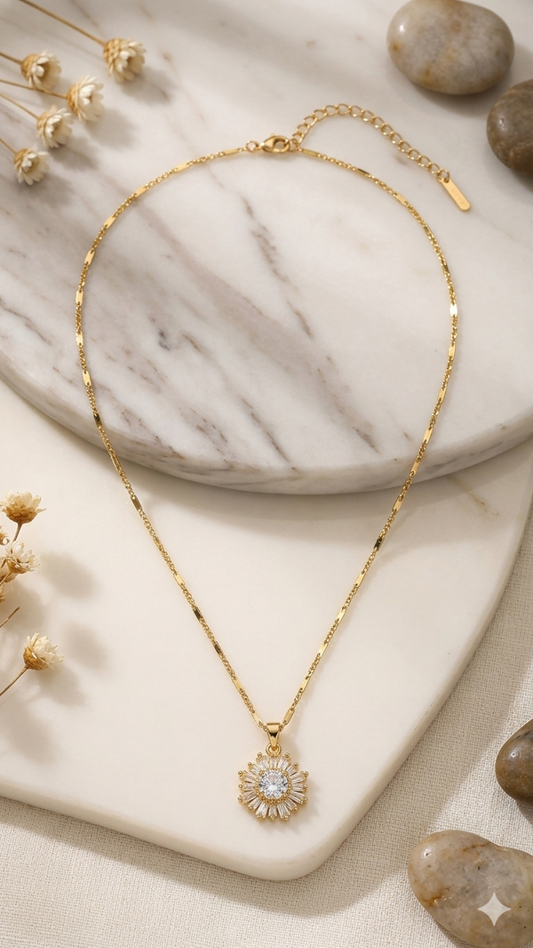Elegante Sonnenblumen-Halskette mit Baguette-Kristallen in Gold-Optik – Stylischer Modeschmuck   (Für Frauen)