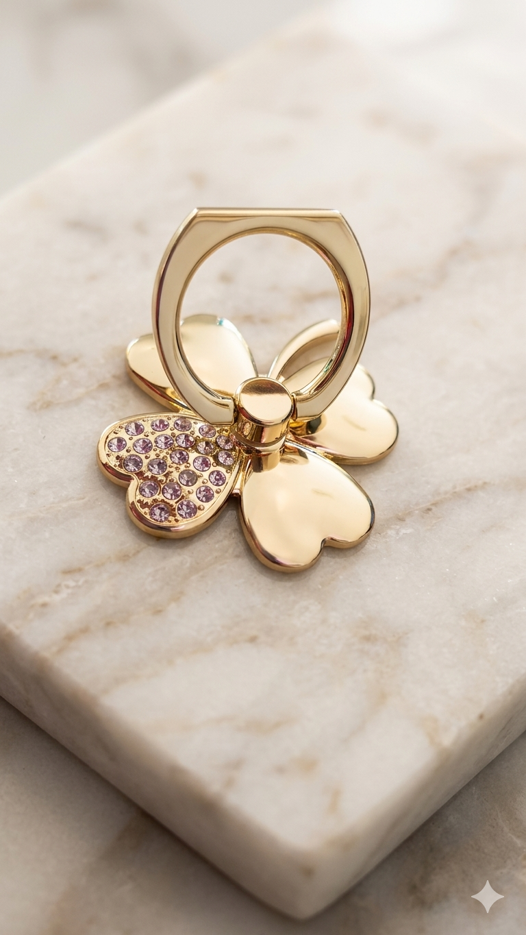 Elegantes Kleeblatt-Handy-Ring mit weißen Kristallen in Gold-Optik – Stylischer Smartphone-Halter  (Für Frauen)