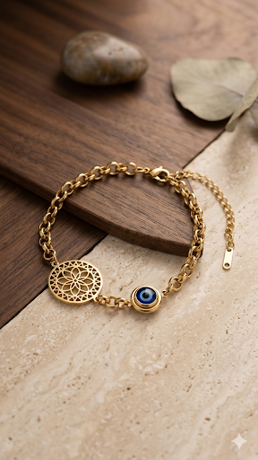 Elegantes Gliederarmband mit Mandala & Nazar-Auge – Stilvoller Modeschmuck in Gold-Optik  (Für Frauen)