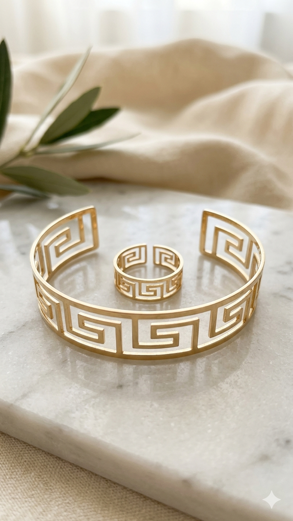 .🌟 Elegantes Antik-Schmuckset „Mäander“ – Armspange & Ring in edler Goldoptik  (Für Frauen)
