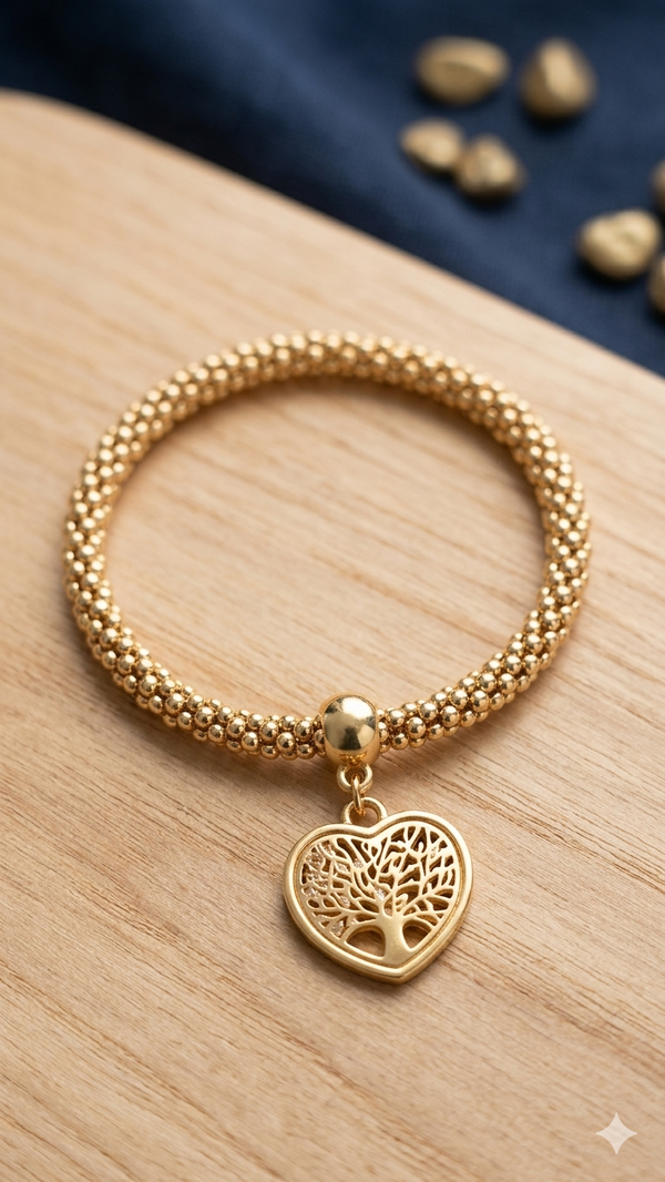 🌳Elastisches Kugelarmband „Lebensenergie“ – Goldoptik mit edlem Lebensbaum-Herz  (Für Frauen)