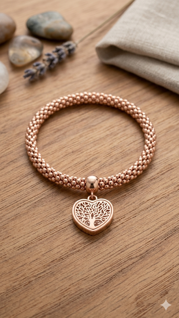 Elastisches Kugelarmband „Lebensenergie“ – Roségold-Optik mit edlem Lebensbaum-Herz  (Für Frauen)