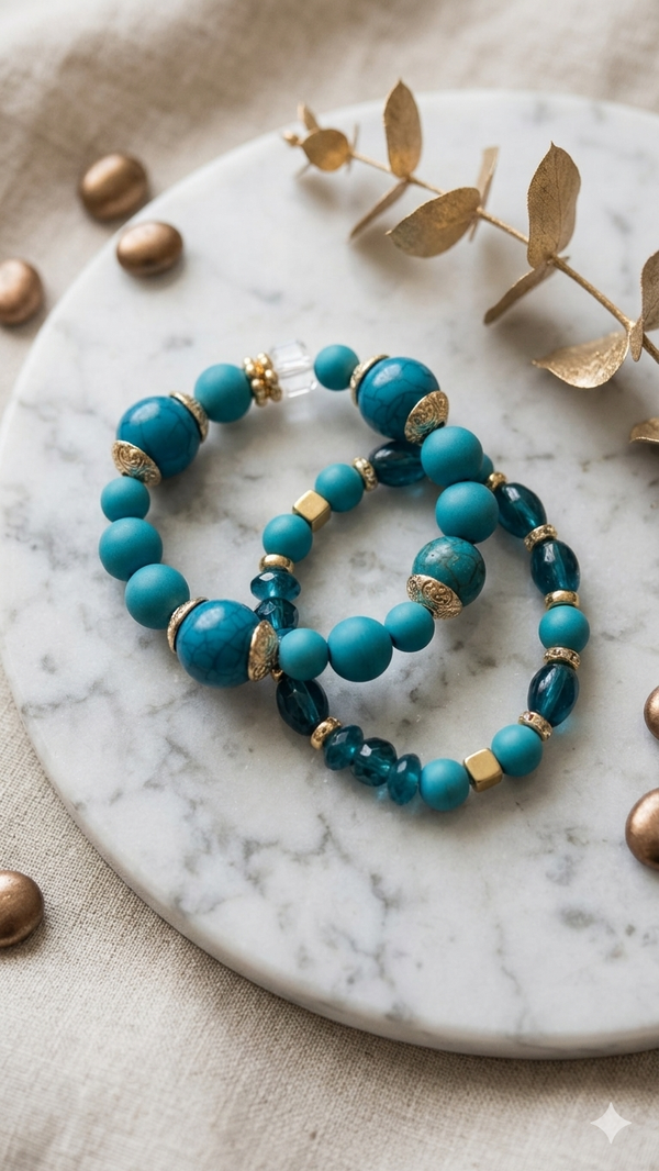Elegantes Perlenarmband-Set „Laguna“ – Matte Türkistöne, Magnesit & goldene Akzente  (Für Frauen)