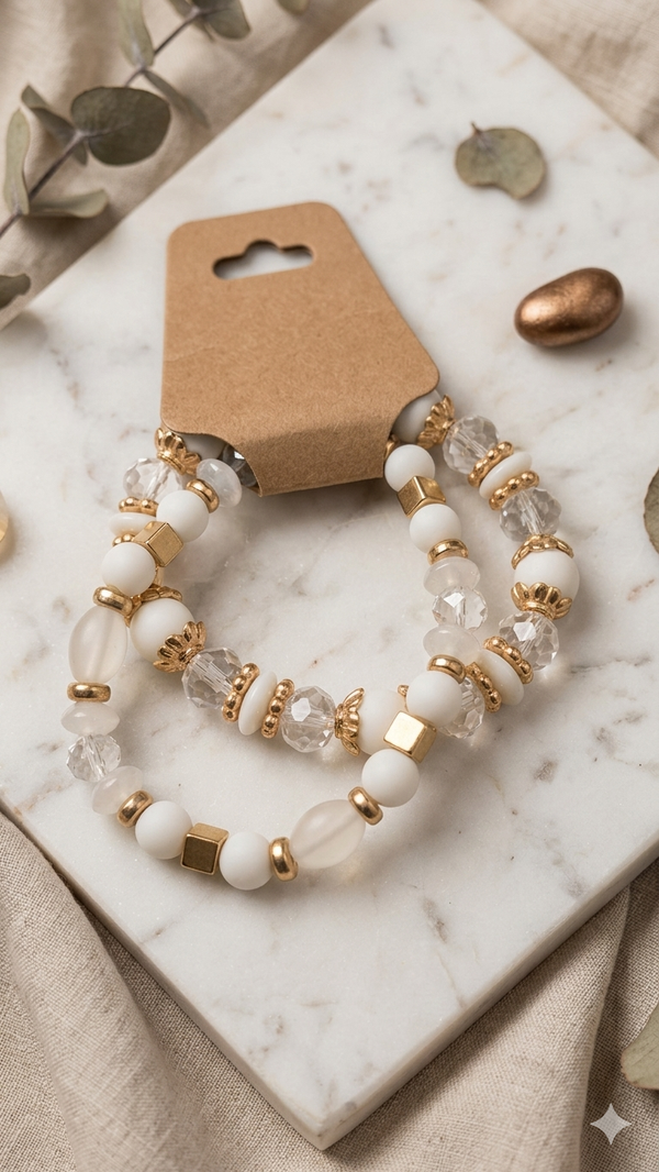 Zweiteiliges Perlenarmband-Set „Kristallzauber“ – Matte Weißtöne & funkelnde Kristalle  (Für Frauen)