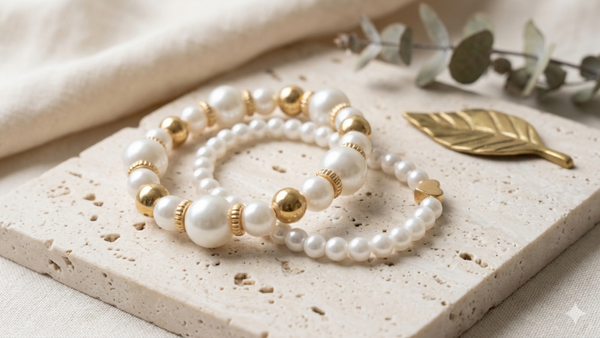 Elegantes Perlenarmband-Set „Perlenzauber“ – Klassisches Weiß, goldene Akzente & dezentes Herz  (Für Frauen)