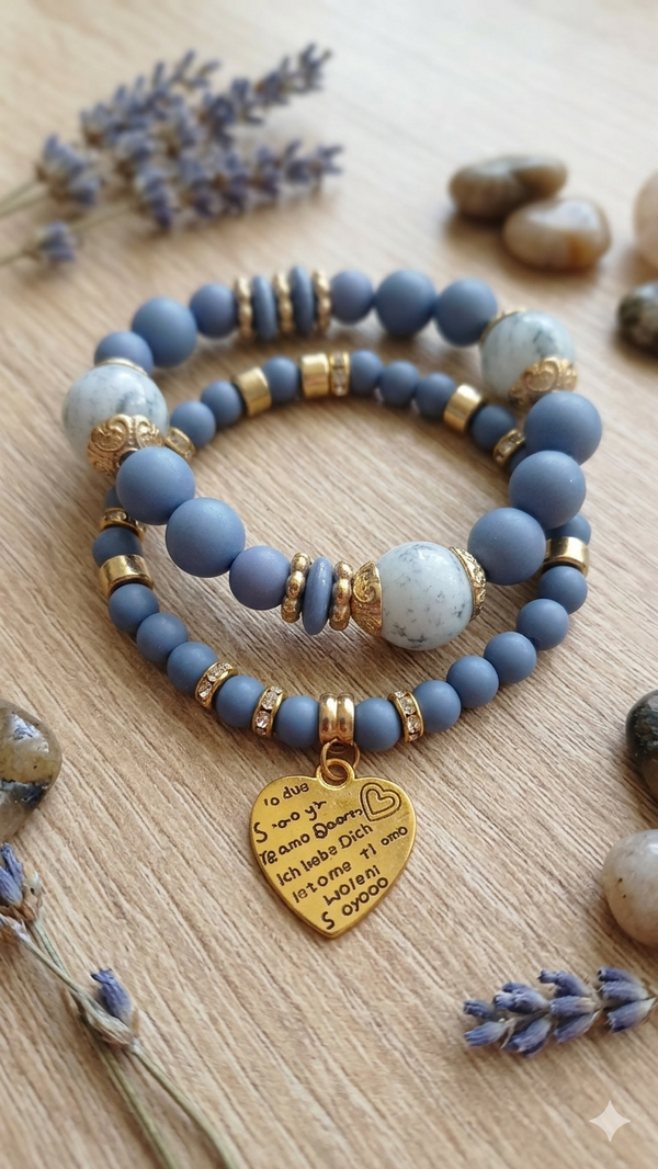 💜Elegantes Perlenarmband-Set „Lavendeltraum“ – Matte Naturtöne, Howlith & Herzanhänger  (Für Frauen)