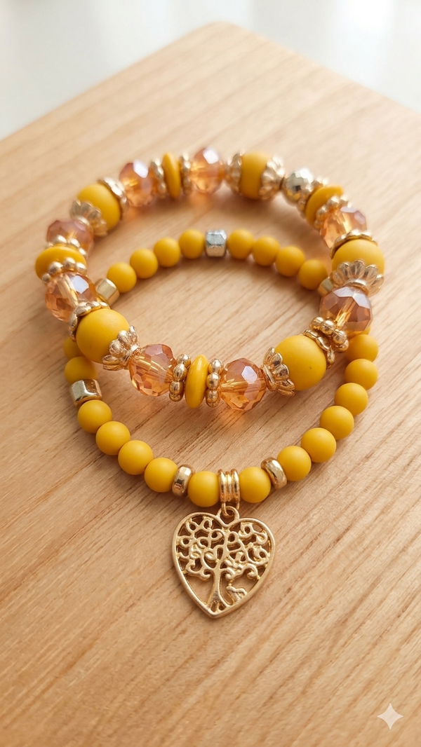 Elegantes Perlenarmband-Set „Sonnenschein“ – Mattes Senfgelb, Champagner-Kristalle & Lebensbaum-Herz  (Für Frauen)