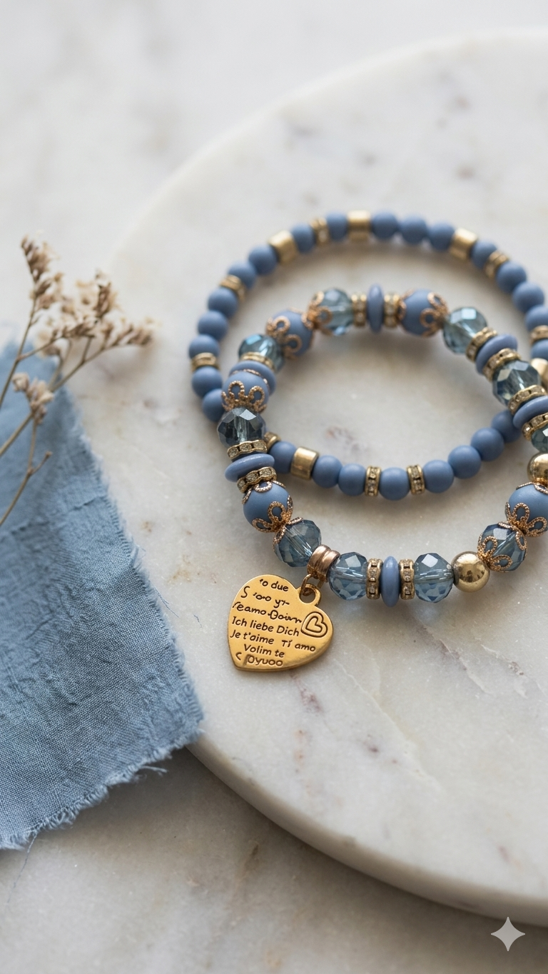 Blaues Perlenarmband-Set „Ocean Love“ – Stilvolles Set mit Herzanhänger  (Für Frauen)