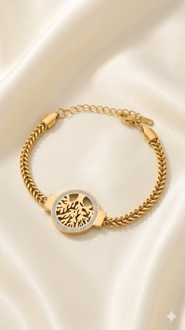 Gliederarmband „Tree of Life“ – Spirituelle Eleganz in edlem Gold  (Für Frauen)
