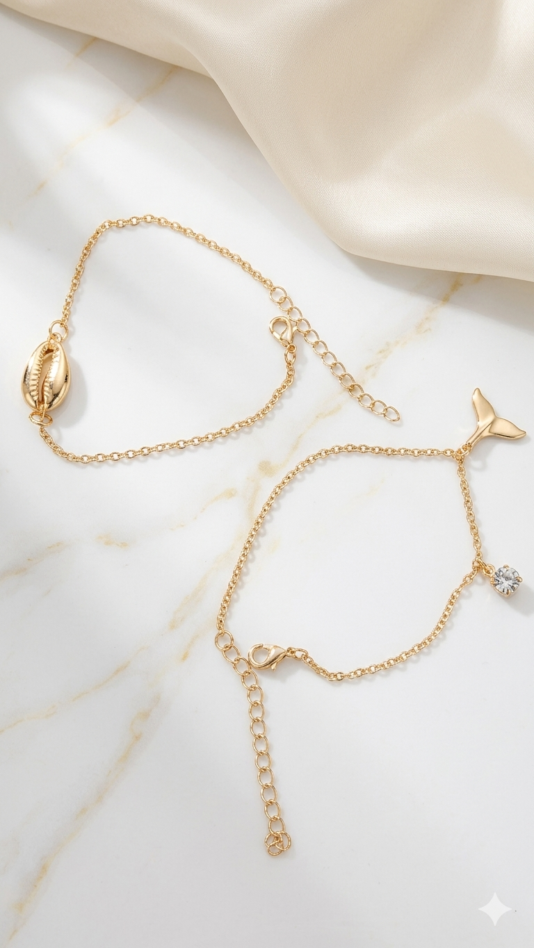 Armband-Set „Ocean Breeze“ – Maritimes Duo mit Muschel und Walflosse  (Für Frauen)