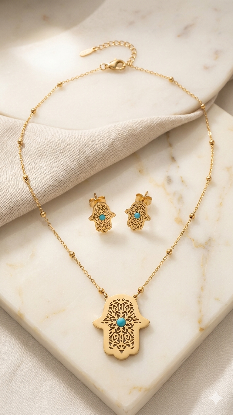 Damen-Schmuckset „Hamsa Turquoise“ – 2-teiliges Set aus Halskette und Ohrsteckern  (Für Frauen)