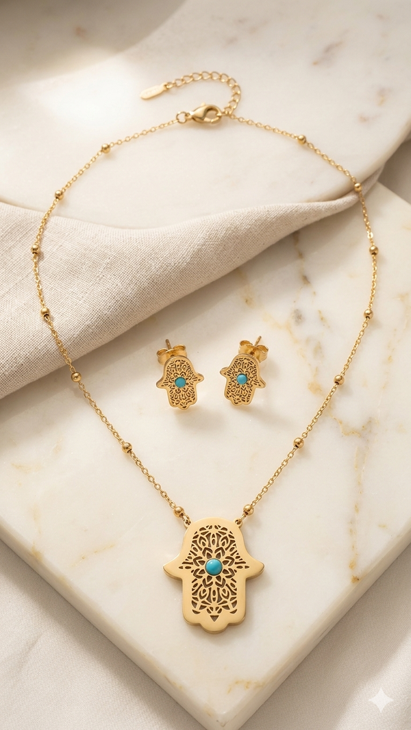 Damen-Schmuckset „Hamsa Turquoise“ – 2-teiliges Set aus Halskette und Ohrsteckern  (Für Frauen)