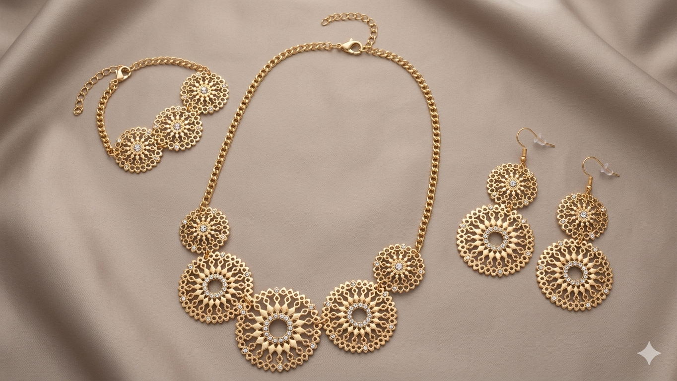 Damen-Schmuckset „Golden Mandala“ – 3-teiliges Set aus Halskette, Armband und Ohrringen  (Für Frauen)