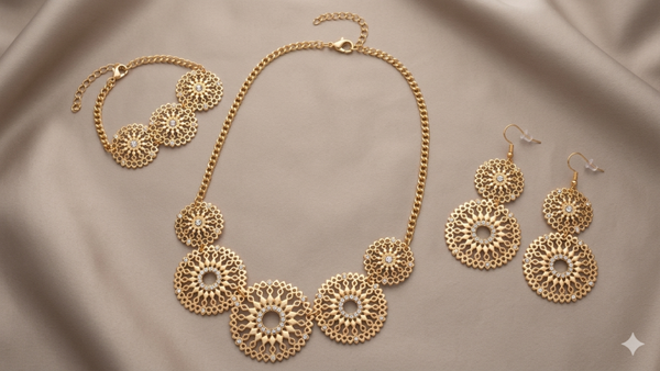 Damen-Schmuckset „Golden Mandala“ – 3-teiliges Set aus Halskette, Armband und Ohrringen  (Für Frauen)