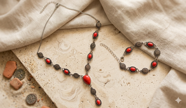 Damen-Schmuckset „Red Desert“ – 2-teiliges Set aus Y-Halskette und Armband im Ethno-Look  (Für Frauen)