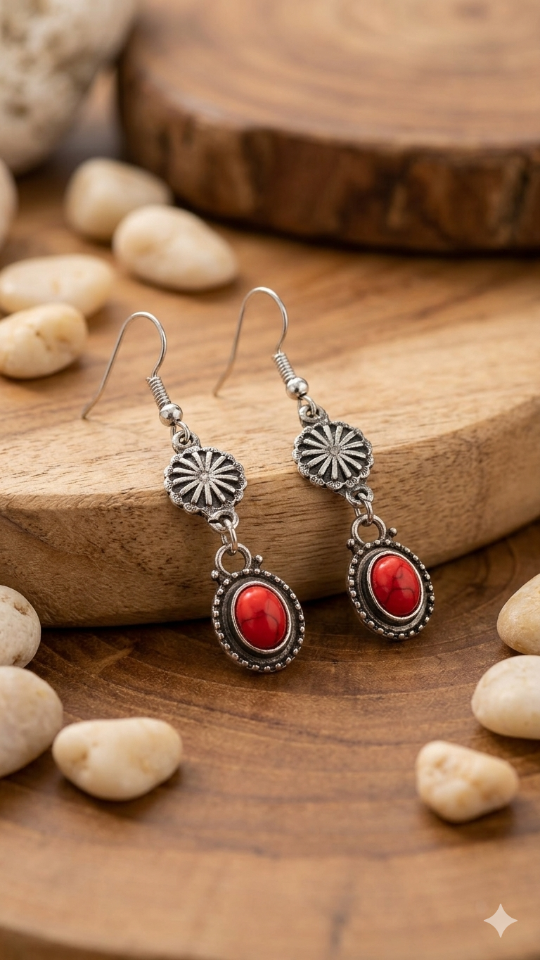 Damen-Hängeohrringe „Red Oasis“ – Stilvoller Ethno-Schmuck mit roten Korallen-Akzenten  (Für Frauen)