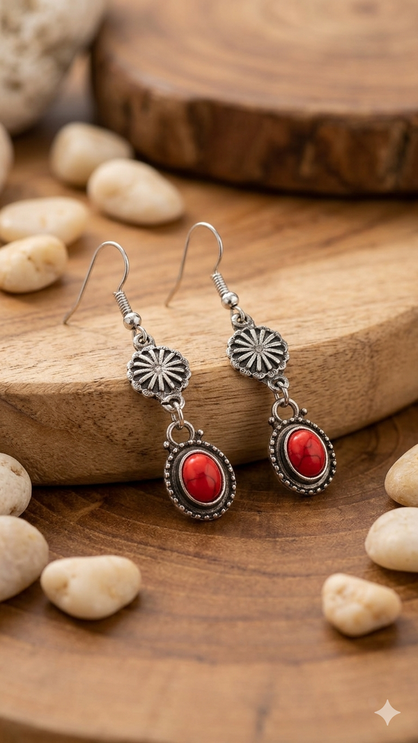 Damen-Hängeohrringe „Red Oasis“ – Stilvoller Ethno-Schmuck mit roten Korallen-Akzenten  (Für Frauen)