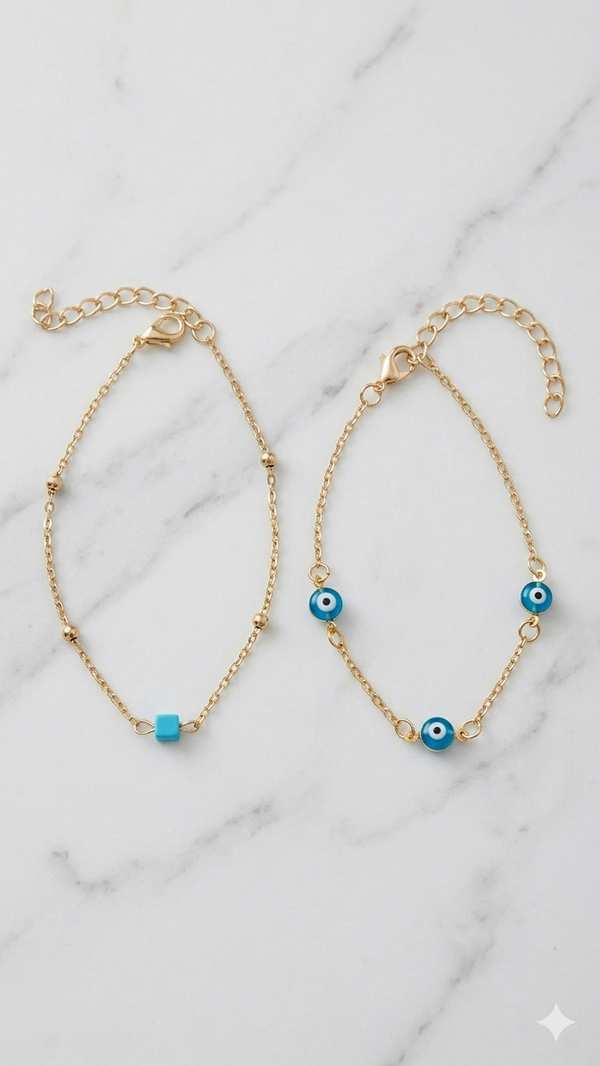 2-in-1 Frauen Armband-Set „Evil Eye & Türkis“ – Gelbbrillant