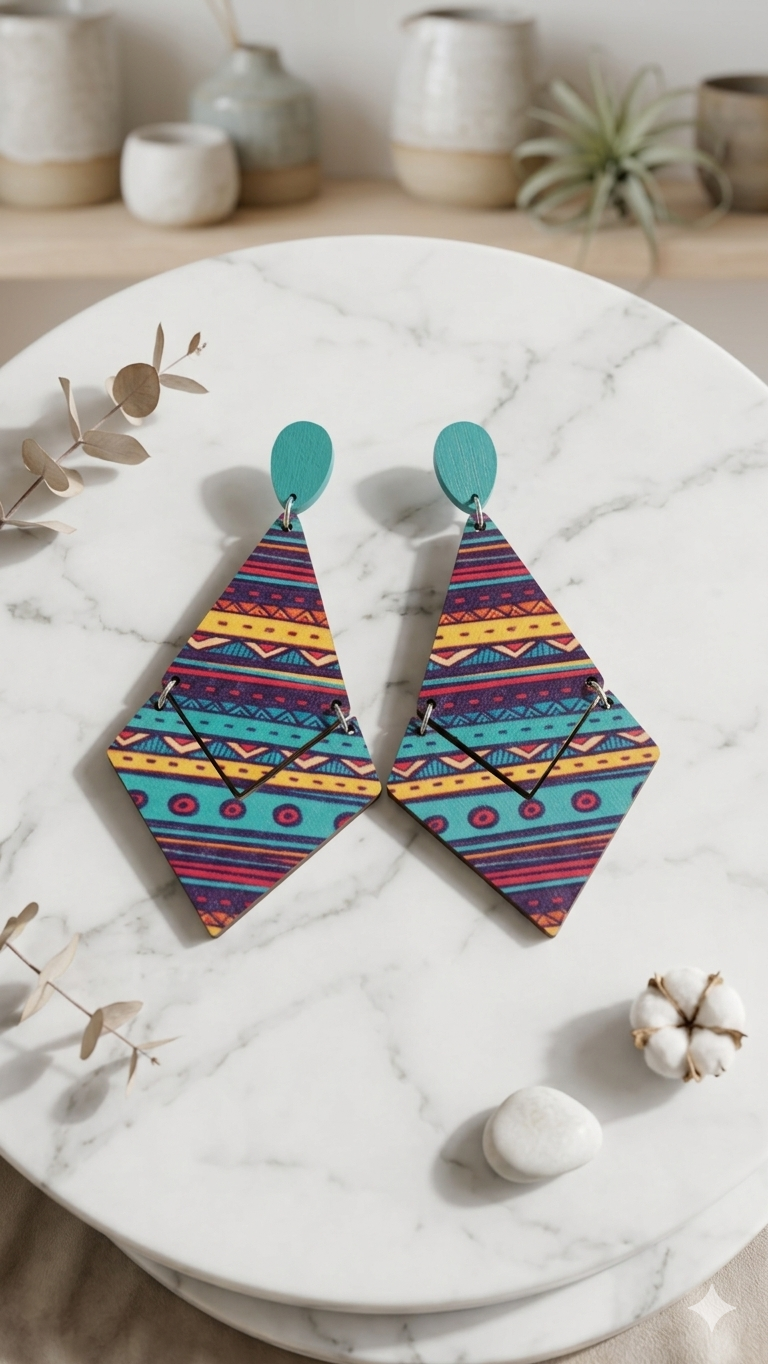 Damen-Statement-Ohrringe „Aztec Diamond“ – Farbenfroher Ethno-Schmuck aus Holz  (Für Frauen)