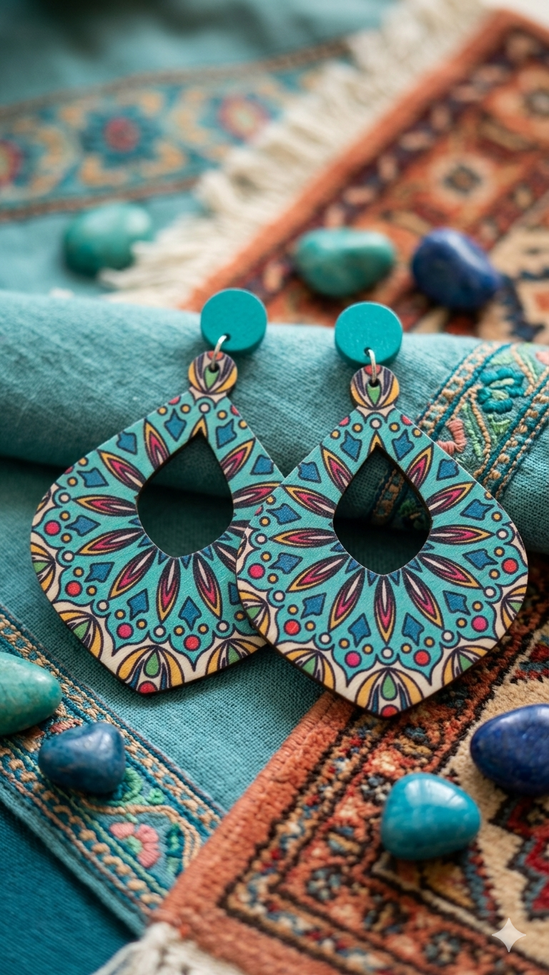 Damen-Statement-Ohrringe „Turquoise Mandala“ – Kunstvoller Ethno-Schmuck aus Holz mit tropfenförmigem Cut-Out  (Für Frauen)