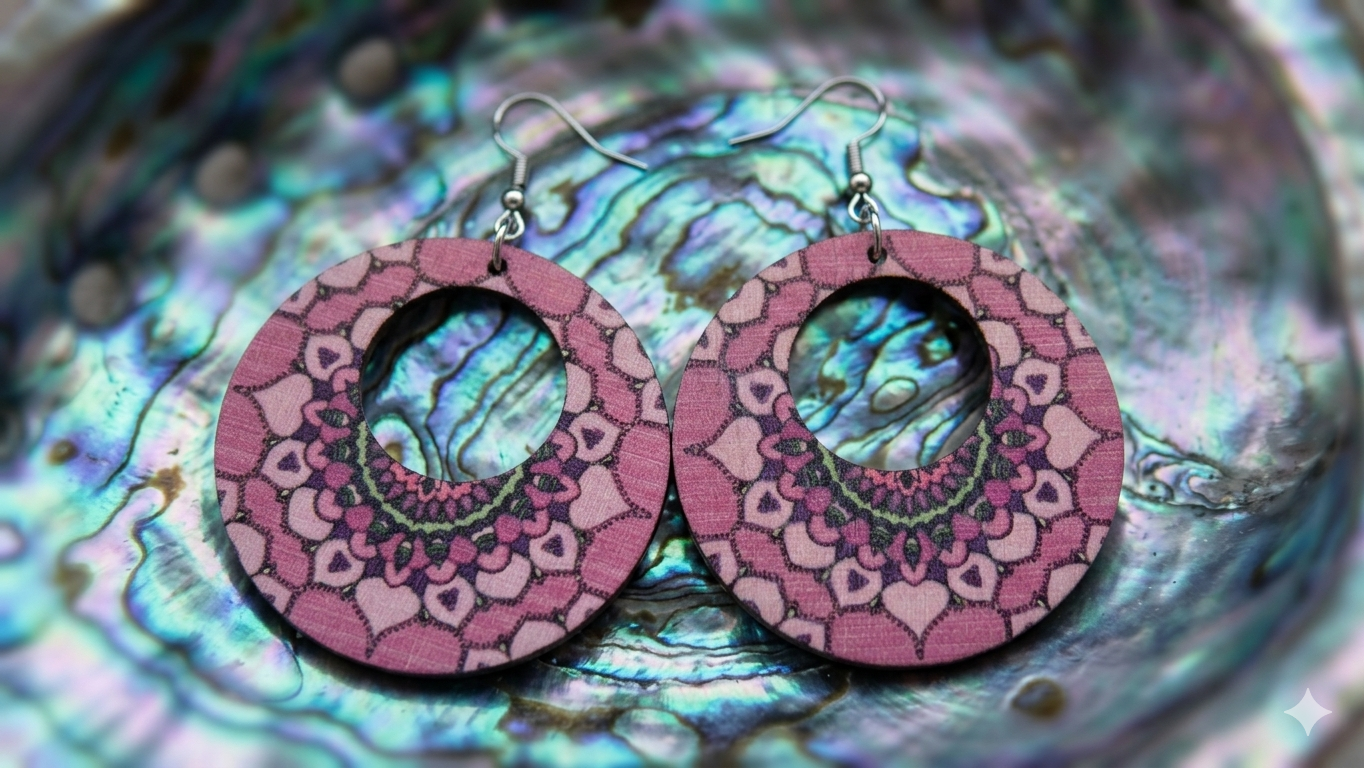 Damen-Statement-Ohrringe „Pink Mandala“ – Romantischer Ethno-Schmuck aus Holz mit rundem Cut-Out  (Für Frauen)