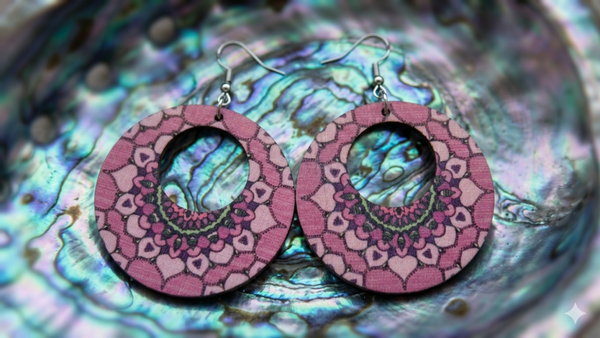 Damen-Statement-Ohrringe „Pink Mandala“ – Romantischer Ethno-Schmuck aus Holz mit rundem Cut-Out  (Für Frauen)