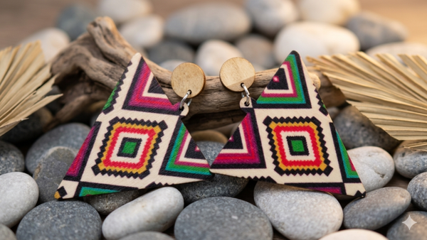 Damen-Statement-Ohrringe „Aztec Triangle“ – Geometrischer Ethno-Schmuck aus Holz  (Für Frauen)