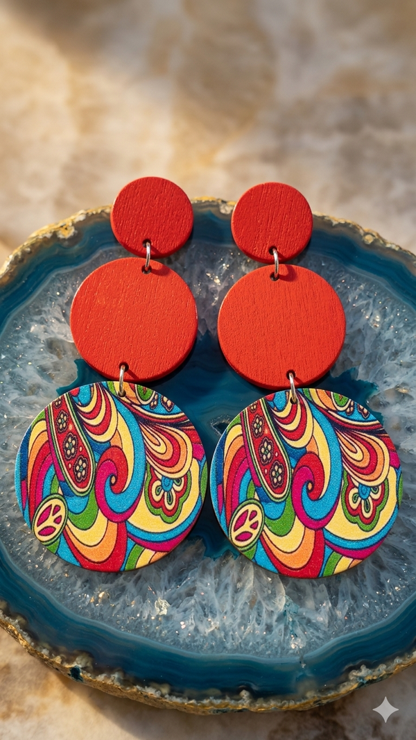 Damen-Statement-Ohrringe „Retro Vibe“ – Farbenfroher Boho-Schmuck aus Holz  (Für Frauen)
