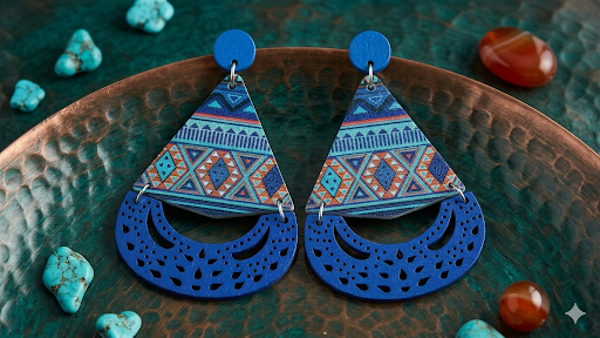 Damen-Statement-Ohrringe „Indigo Spirit“ – Extravagant geschnittener Ethno-Schmuck aus Holz  (Für Frauen)