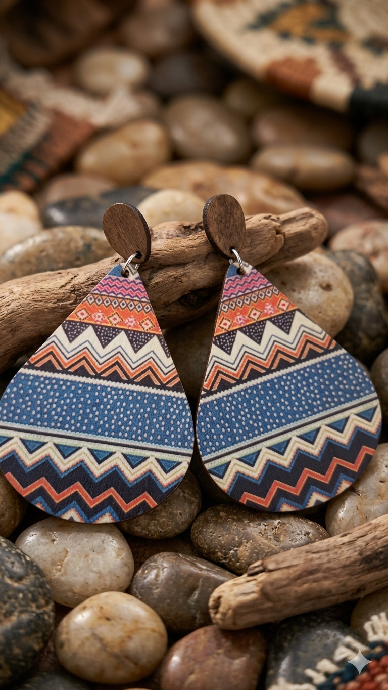 Damen-Statement-Ohrringe „Desert Night“ – Stilvoller Ethno-Schmuck aus Holz in Tropfenform  (Für Frauen)