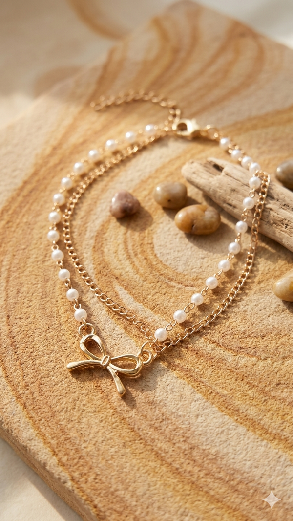 Damen-Fußkettchen „Sweet Bow“ – Filigranes Schmuckstück mit Perlen und Schleifen-Anhänger  (Für Frauen)