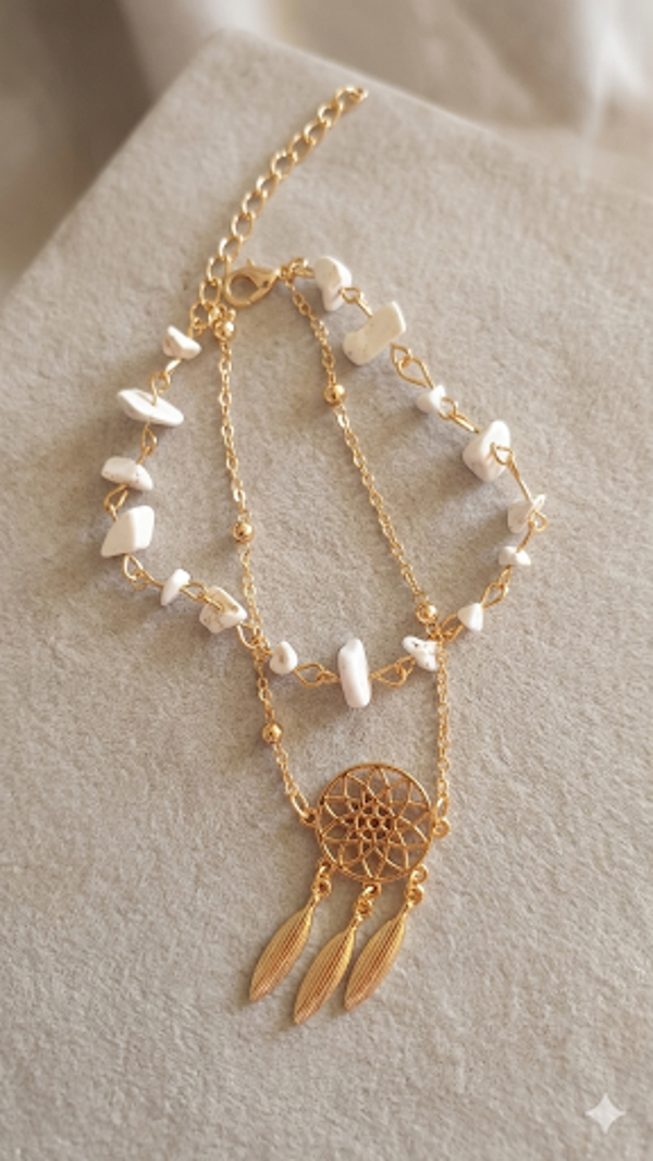 Damen-Fußkettchen-Set „Dreamcatcher Vibes“ – Zweiteiliges Set mit Traumfänger und Naturstein-Splittern  (Für Frauen)