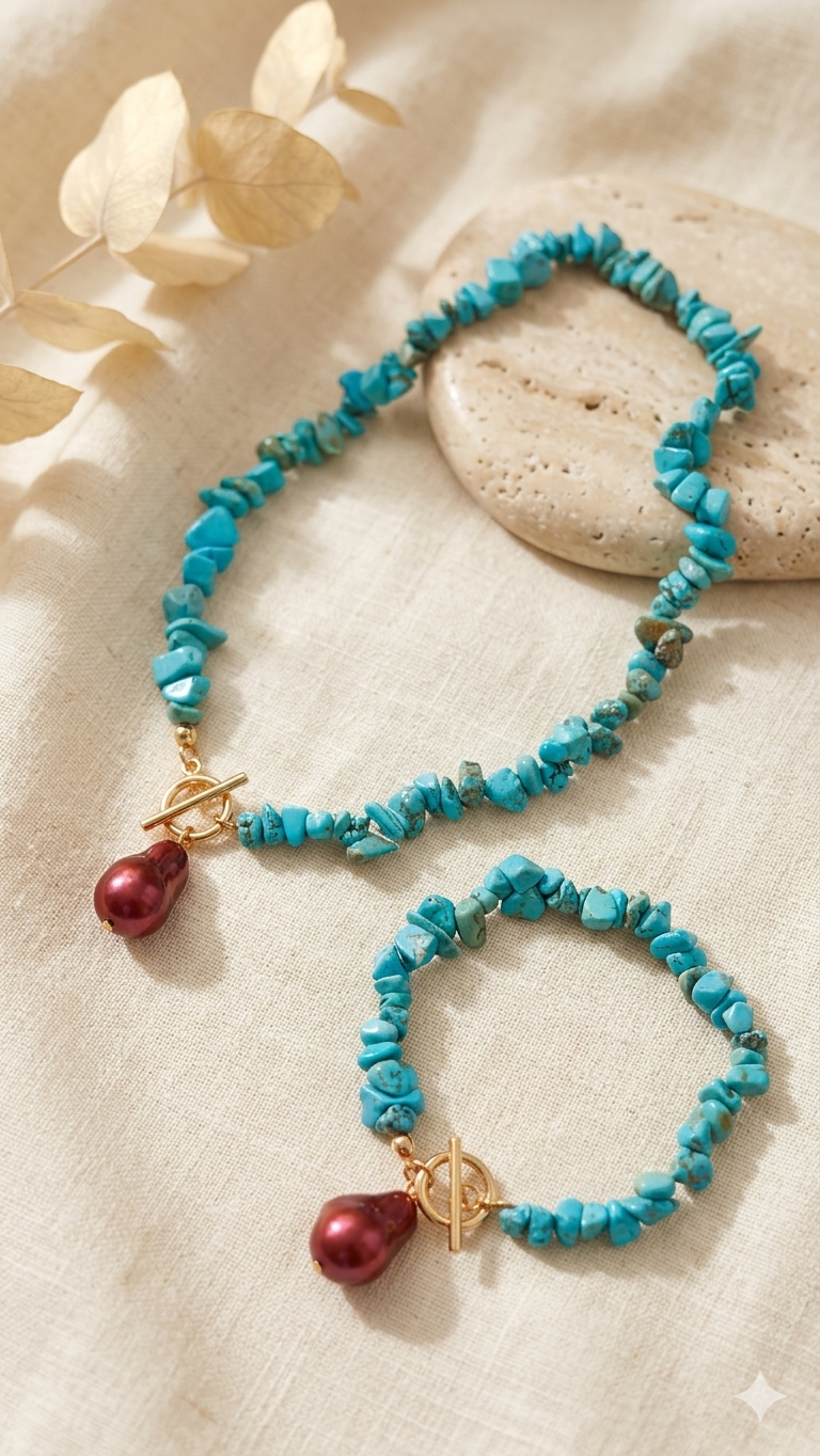 Damen-Schmuckset „Turquoise & Pearl Dream“ – 2-teiliges Set aus Halskette und Armband im Boho-Chic  (Für Frauen)