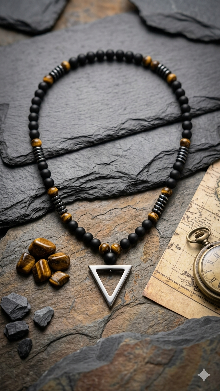 Herren-Perlenkette „Apex Tiger“ – Markanter Natursteinschmuck mit Dreieck-Anhänger