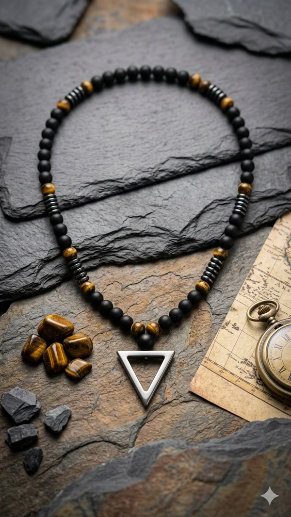 Herren-Perlenkette „Apex Tiger“ – Markanter Natursteinschmuck mit Dreieck-Anhänger