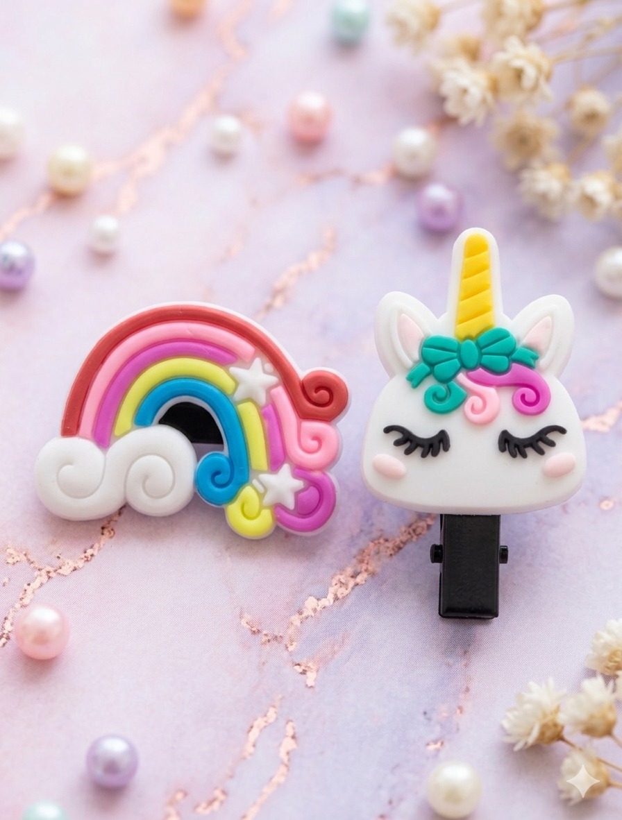 2er-Set Kinder-Haarklammern mit Einhorn & Regenbogen (4 cm)