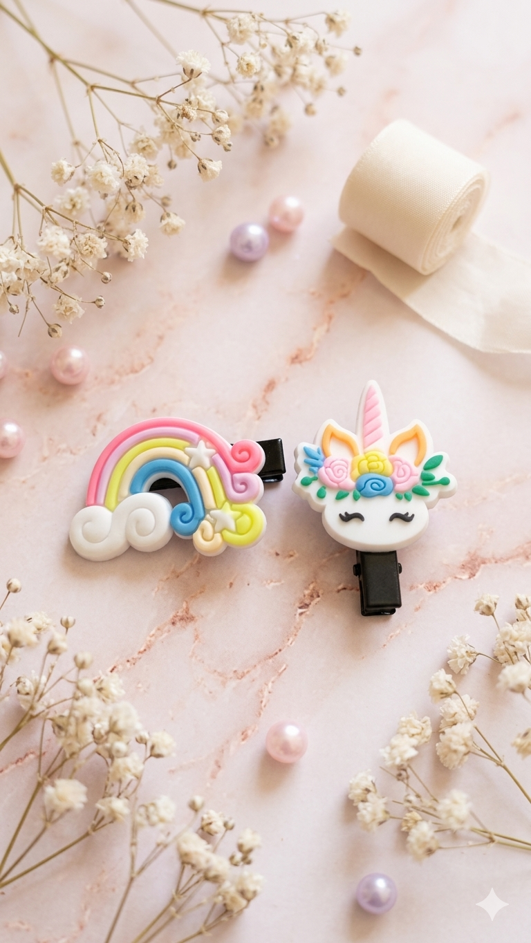 2er-Set Kinder-Haarklammern mit Einhorn & Regenbogen (Pastell)