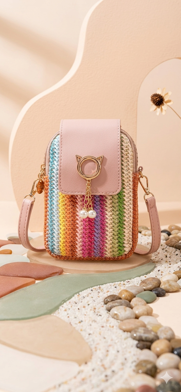 Kleine Damen Handy-Umhängetasche im Regenbogen-Stroh-Look – Sommerliche Crossbody Bag für Frauen