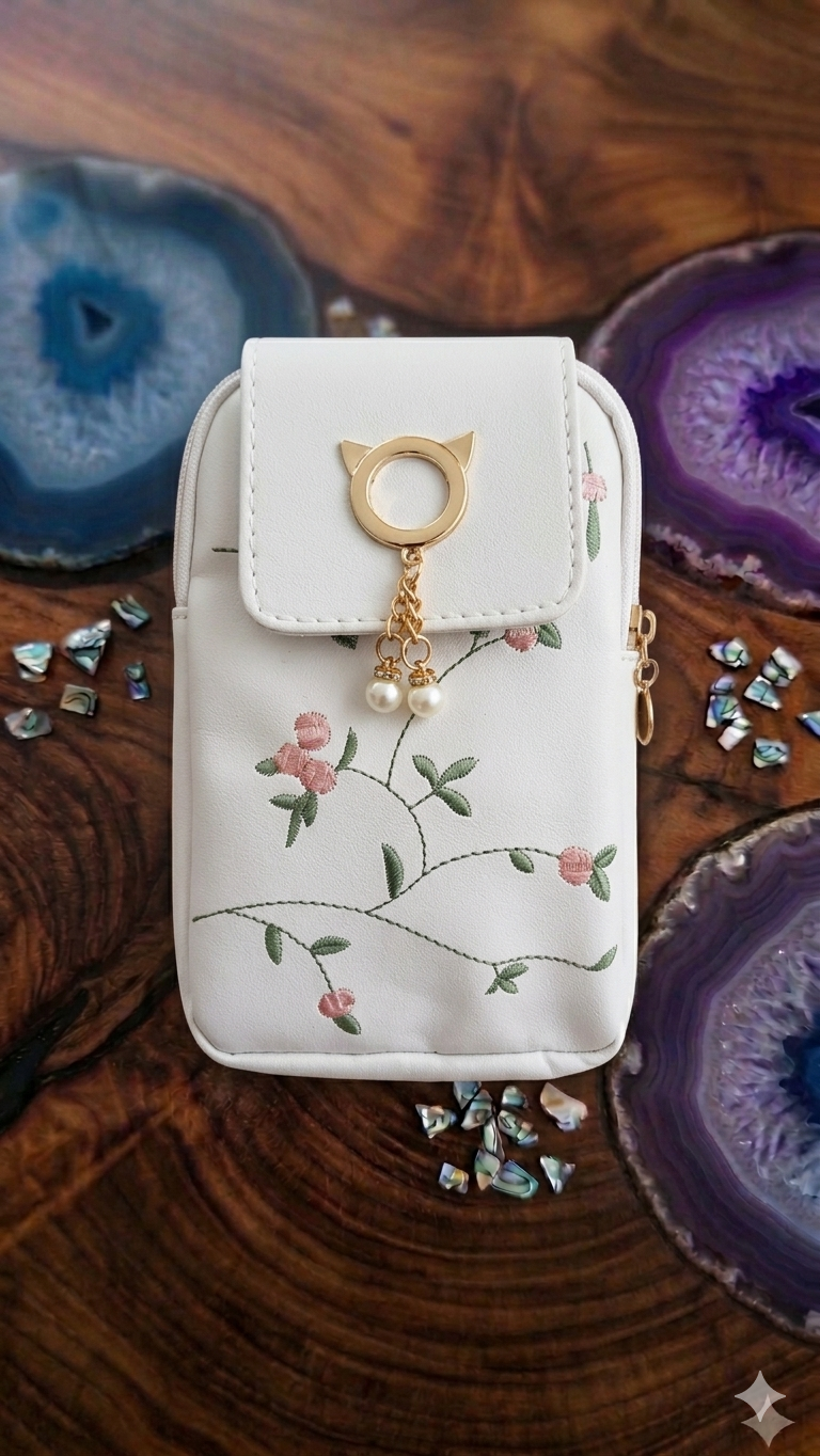 🌸 Romantische Handytasche mit Blumen-Bestickung & Perlen-Detail