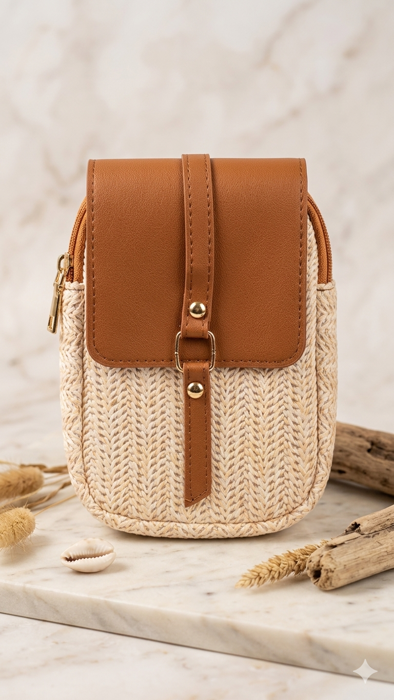 Handytasche für Frauen in Stroh-Optik – Sommer-Look (20x15 cm)