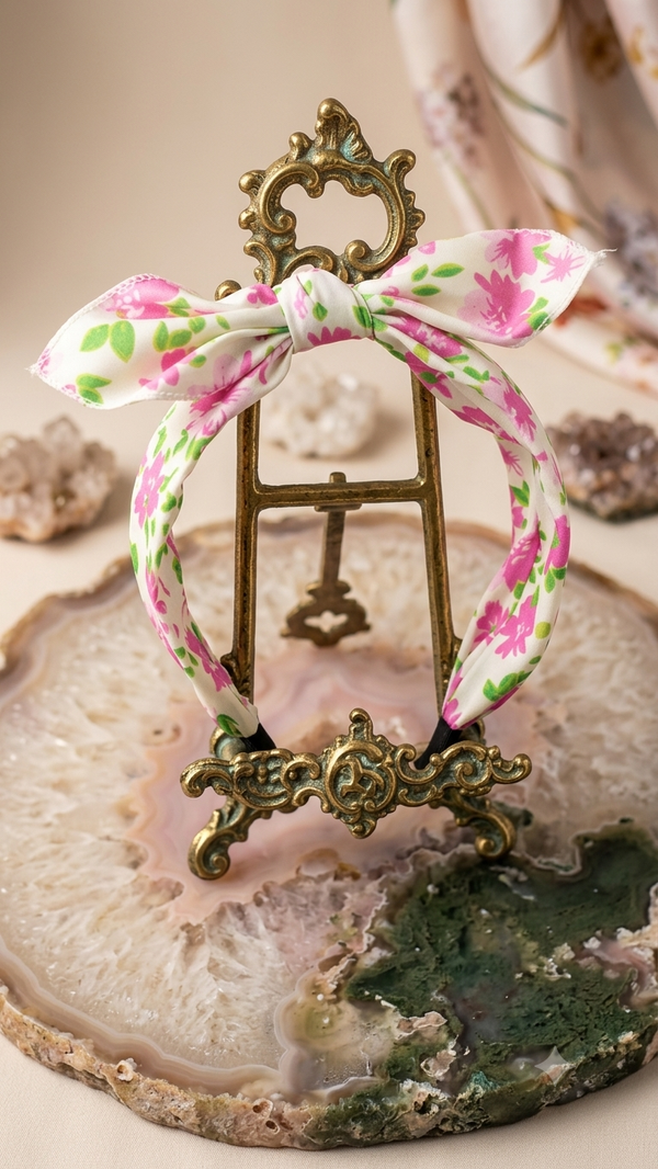 Satin-Haarreif mit Schleife und Blumenmuster – Rosa-Grün für Frauen & Mädchen (One Size)