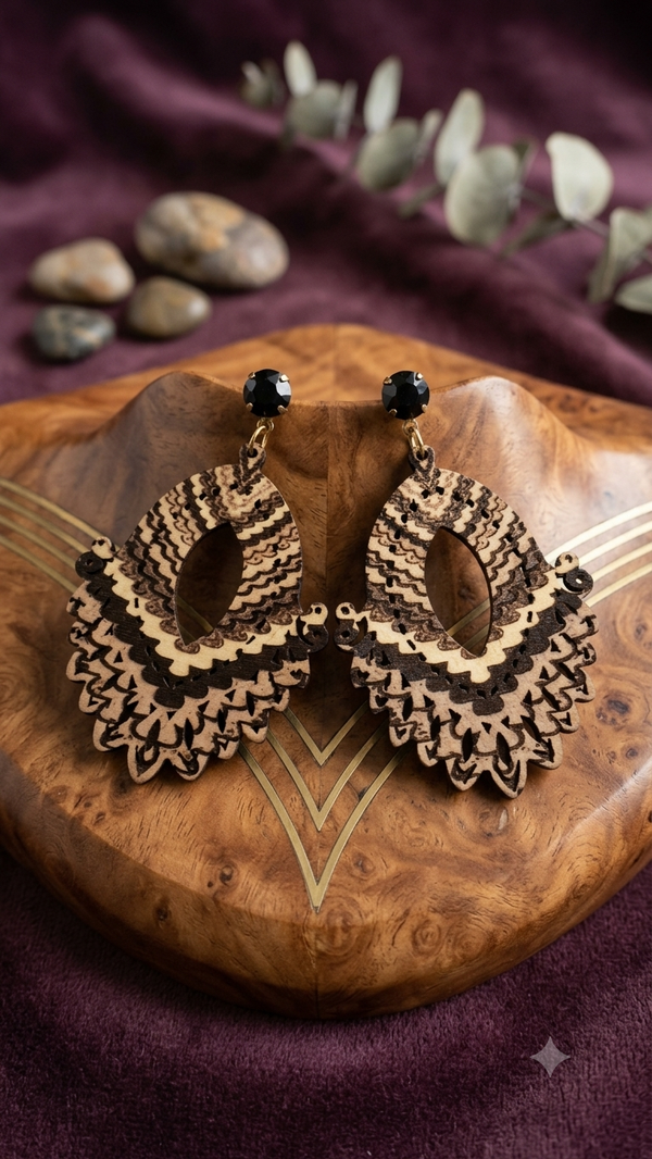 Boho-Statement-Ohrringe für Frauen – Filigraner Holzschmuck mit schwarzem Stein