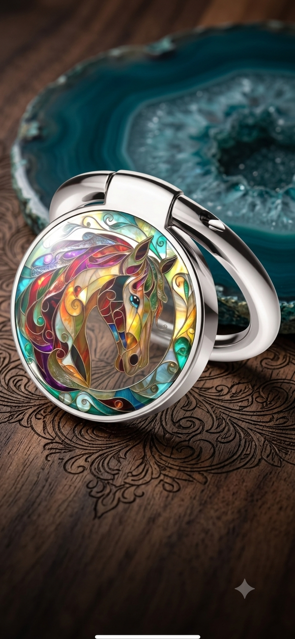 Edler Handyring für Frauen „Buntes Pferd“ – Kunstvoller Smartphone Fingerhalter & Handyständer im Mosaik-Stil (Ø 3,0 cm)