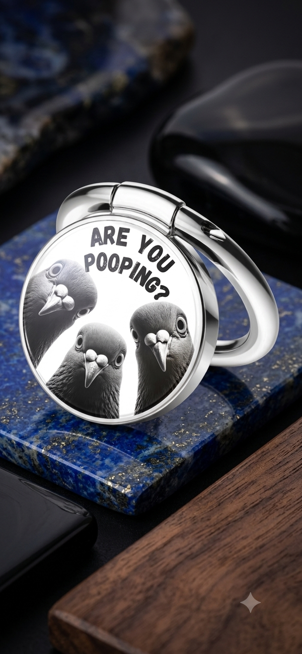 Lustiger Handyring „Are You Pooping?“ – Humorvoller Smartphone Fingerhalter & Handyständer mit Tauben-Motiv Silber (Ø 3,5 cm)💖